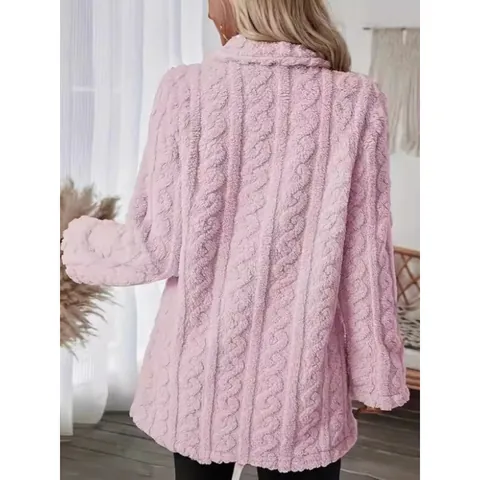 Damen Zweireihig Kunstpelz Mantel Reverskragen Zopfmuster Textur Mittellange Plüschjacke Warme Winteroberbekleidung