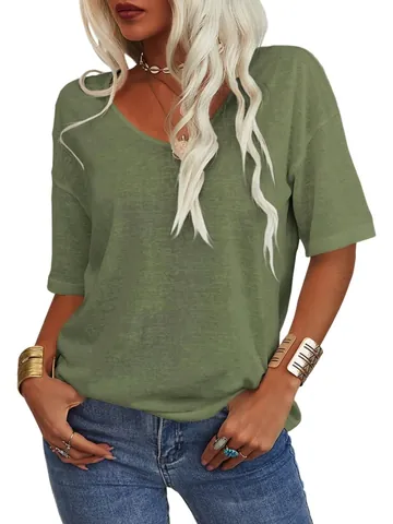 Γυναικείο T-Shirt με Λαιμόκοψη V και Μισό Μανίκι Casual Βαμβακερό Τοπ Μονόχρωμο Χαλαρό Μινιμαλιστικό Καλοκαιρινό T-Shirt