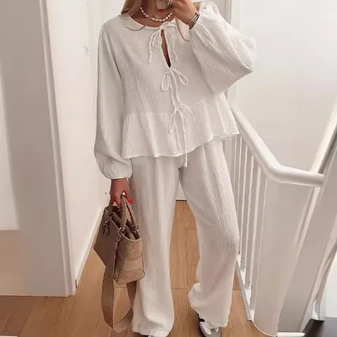 Ensemble Haut et Bas pour Femmes Manches Lanternes Lacets Décontracté Crêpe de Polyester Pantalon Large Imprimé Léopard