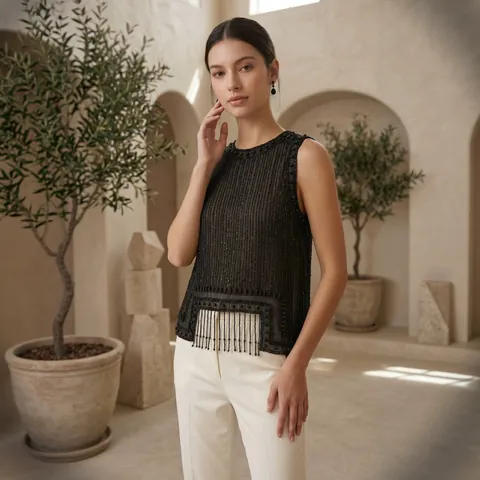 Women Tweed Style Heavy Beaded Tassel Vest Chiffon Elegant Sleeveless Camisole Top Party Banquet Vintage Luxury Summer