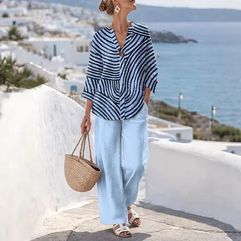 Mujer Vacaciones Estampado Top And Bottom Poliéster Spandex Cuello en V Manga Tres Cuartos Top Con Pantalones Rectos Ropa Playa