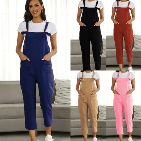 Women's Casual Cotton Linen Plus Size Overalls Jumpsuit With Tie Shoulder Straps And Large Pockets Loose Wide Leg Romper
