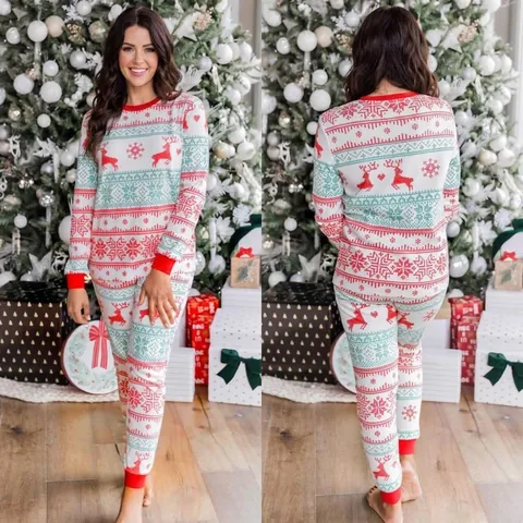 Christmas Matching Family Pajamas Reindeer Snowflake Nordic Pattern Print Loungewear Sleepwear Top And Bottom For Men Women Kids