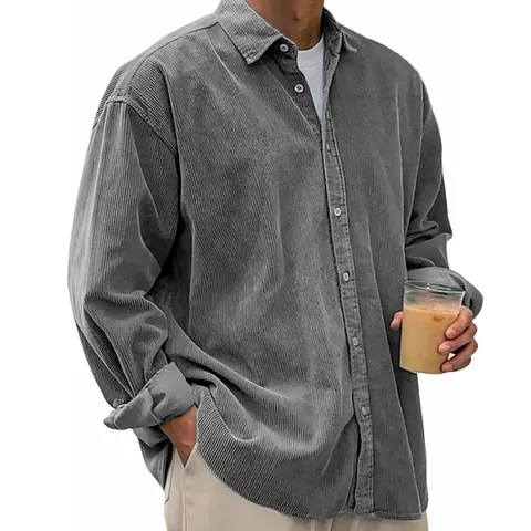 Chemise en Velours Côtelé Décontractée pour Hommes Manches Longues Revers Couleur Unie Top Large à Boutons Doux Confortable Style Rétro Mode Quotidien