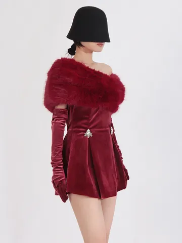 Dames Kerst Wijnrood Fluwelen Mini Jurk Strapless Kunstbont Patchwork Strass Slim Fit Party Jurk Met Handschoenen