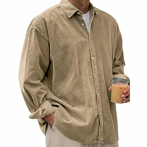 Chemise en Velours Côtelé Décontractée pour Hommes Manches Longues Revers Couleur Unie Top Large à Boutons Doux Confortable Style Rétro Mode Quotidien