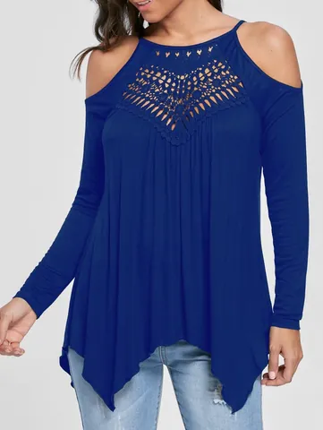 Women's Plus Size Cold Shoulder T-Shirt Cotton Lace Patchwork Long Sleeve Casual Top Irregular Hem Solid Color Fashion Tee