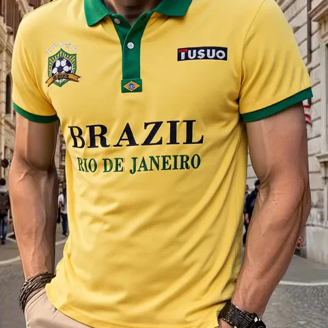 Polo da Uomo a Maniche Corte in Cotone per Tifosi di Calcio Brasiliani Ricamata Brasile Rio De Janeiro Casual Sportiva