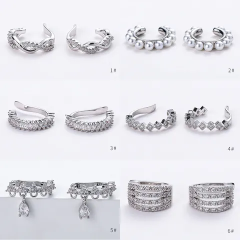 Bague d'oreille exquise en cuivre Zirconia Perle Boucle d'oreille non percée Clip On Ear Cuff Bijoux Or Argent