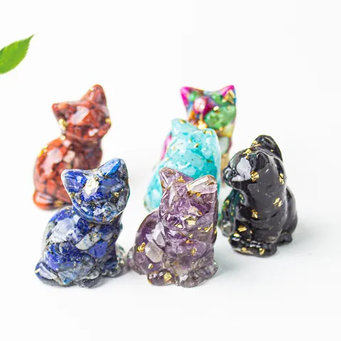 Cute Resin Cat Figurine with Natural Crystal Gravel and Gold Foil Desk Ornament for Home Office Desktop Decoration Small Animal Statuette