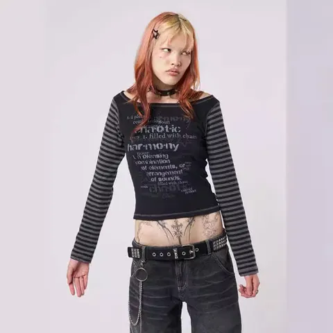 Damen Y2K Grunge Kontraststreifen Langarm T-Shirt Slim Fit Print Top Streetwear Aesthetic Gothic Tee Für Damen