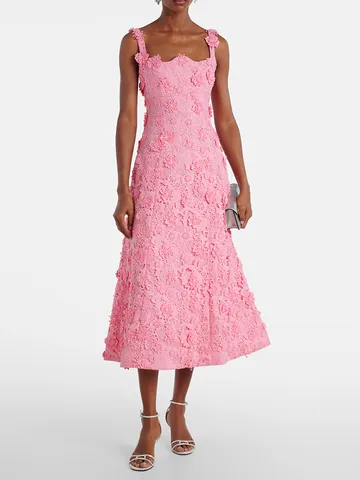 Vestito Donna Sexy Senza Maniche con Spalline Lusso Fiori 3D Applicazioni Pizzo Elegante Rosa Pesca Midi Banchetto Festa