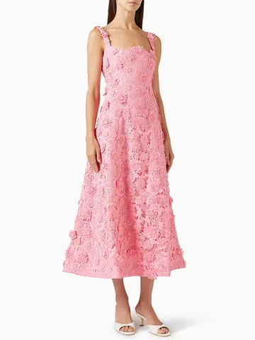 Vestito Donna Sexy Senza Maniche con Spalline Lusso Fiori 3D Applicazioni Pizzo Elegante Rosa Pesca Midi Banchetto Festa