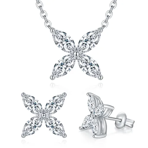 GRA 925 Sterling Silver Moissanite Four Leaf Clover Jewelry Set Marquise Cut Pendant Necklace Stud Earrings For Women Jewelry
