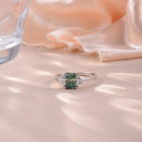 Anillo de Moissanita Azul Verde Talla Radiant Plata de Ley 925 Chapado en Oro Blanco 18K Circonia Triángulo GRA Mujer