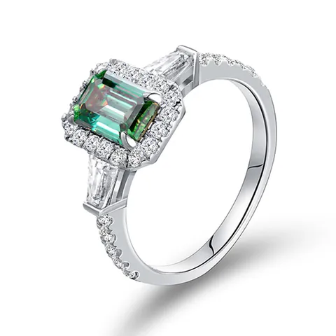 Emerald Cut Green Moissanite Ring For Women 925 Sterling Silver 18K Gold Plated Luxury Halo GRA Moissanite Jewelry Ring