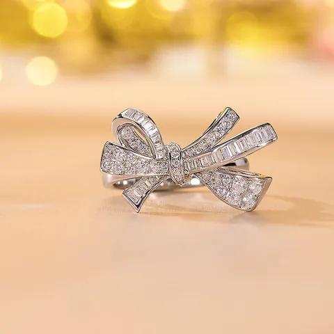 Anillo de Lazo de Plata de Ley S925 para Mujer Bañado en Oro Blanco de 18K con Strass Completo Anillo de Banda de Mariposa Joyería Regalo