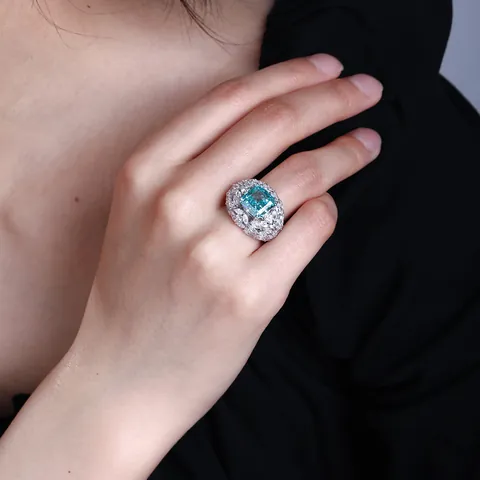 Lussuoso Anello in Argento Sterling 925 Placcato Oro 18K Blu Rosa Giallo Quadrato con Strass per Donna Gioielli per Fidanzamento