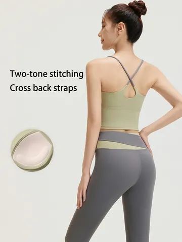 Women Color Block Yoga Set Criss Cross Back Sports Bra High Waist Leggings High Elastic Fitness Tracksuit Top And Bottom