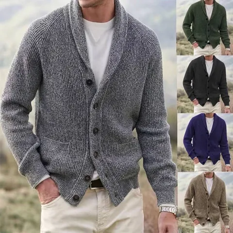 Herren Herbst Winter Verdickt Strickjacke Jacke Schalkragen Einreihiger Pullover Mit Taschen Lässig Warm Polyacryl Top