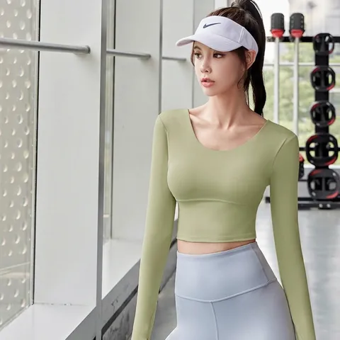 Women High Intensity Yoga Top Long Sleeve Backless Crisscross Back Fitness Gym Shirt Solid Color Quick Dry Activewear