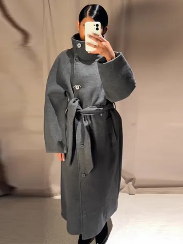 Cappotto Lungo Donna Elegante Collo Alto Poliestere Vestibilità Slim Monopetto Cappotto Stile Lana Con Cintura Regolabile