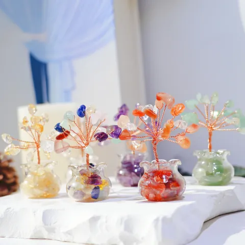 Mini Natural Crystal Money Tree Hand-woven Copper Wire Gemstone Chips Healing Stones Bonsai Home Office Car Decor Ornament