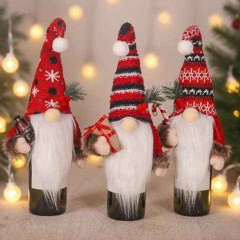 Christmas Gnome Wine Bottle Cover Knitted Forest Old Man Doll With Candy Cane Lantern Gift Bag Xmas Table Decorations Party