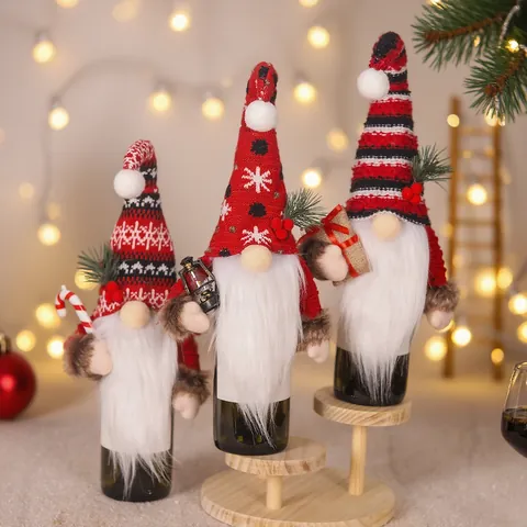 Christmas Gnome Wine Bottle Cover Knitted Forest Old Man Doll With Candy Cane Lantern Gift Bag Xmas Table Decorations Party