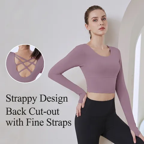Top da Yoga a Manica Lunga da Donna Con Reggiseno Integrato Schiena Incrociata Maglietta Sportiva Corta Tinta Unita Slim Fit