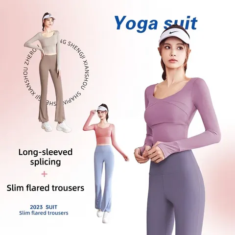 Conjunto de Yoga de Cintura Alta Levanta Glúteos para Mujer Poliéster Spandex Transpirable Camiseta de Manga Larga y Pantalones Acampanados Traje de Fitness Deportivo