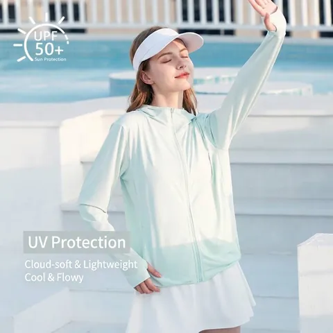Vêtement de Protection Solaire Respirant Femmes UPF 50 Veste Légère à Capuche Mince Sport de Plein Air Haut à Manches Longues