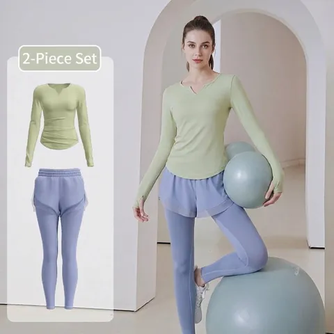 Women's Yoga Sportswear Set Polyester Spandex V-Neck Long Sleeve Top And Flared Pants Breathable Ruched Slim Fit Workout Outfit
