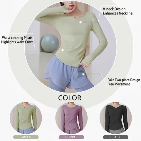 Women's Yoga Sportswear Set Polyester Spandex V-Neck Long Sleeve Top And Flared Pants Breathable Ruched Slim Fit Workout Outfit