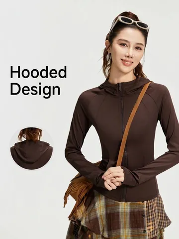 Women's Slim Fit Hooded Sports Jacket High Neck Windproof Yoga Coat With Pockets And Thumbholes Polyester Spandex Running Top