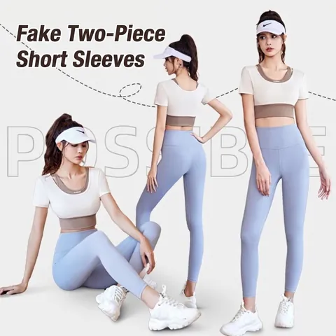 Women Fake Two Piece Yoga Top Integrated Bra Padded Short Sleeve Workout Shirt Slim Fit Color Block Sportswear Top