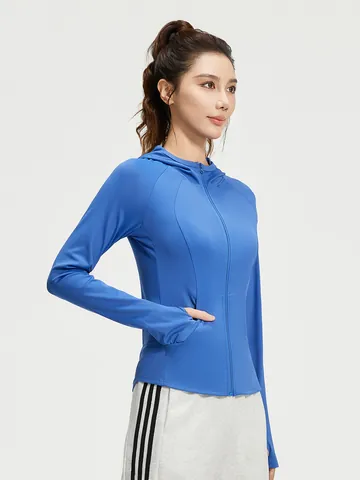 Women's Slim Fit Hooded Sports Jacket High Neck Windproof Yoga Coat With Pockets And Thumbholes Polyester Spandex Running Top