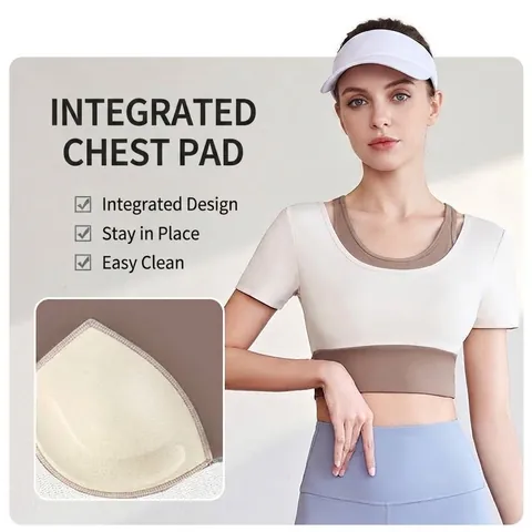 Women Fake Two Piece Yoga Top Integrated Bra Padded Short Sleeve Workout Shirt Slim Fit Color Block Sportswear Top