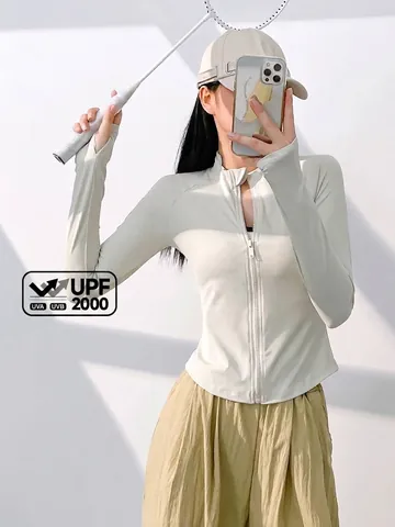 Women Slim Fit Zipper Yoga Jacket Ribbed Long Sleeve Running Training Sports Top With Thumb Holes UPF 2000 UV Protection