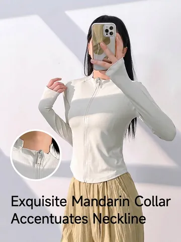 Women Slim Fit Zipper Yoga Jacket Ribbed Long Sleeve Running Training Sports Top With Thumb Holes UPF 2000 UV Protection