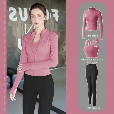 Set Yoga da Donna in Poliestere con Cerniera Giacca Collo Alto Reggiseno Sportivo e Leggings a Vita Alta Tuta per Corsa e Fitness