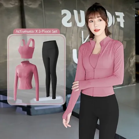Set Yoga da Donna in Poliestere con Cerniera Giacca Collo Alto Reggiseno Sportivo e Leggings a Vita Alta Tuta per Corsa e Fitness