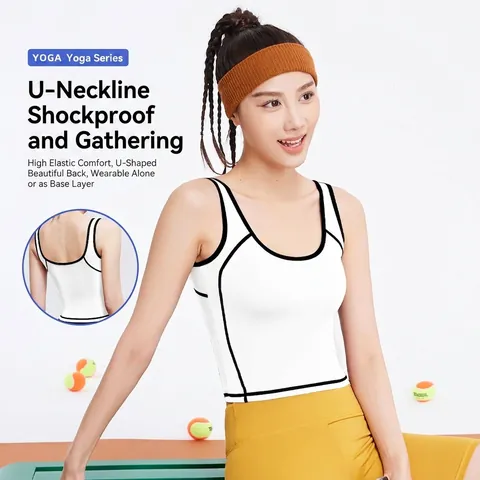 Contrast Trim U-Neck Sports Bra High Elastic One-Piece Padded Yoga Crop Top Shockproof Workout Tank Top For Women