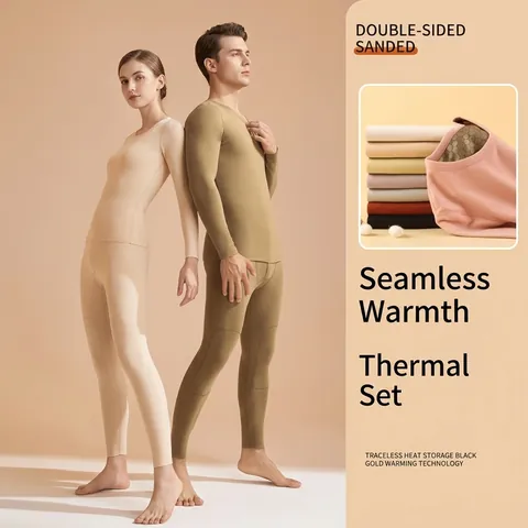 Unisex Thermal Underwear Set Cashmere Mulberry Silk Thickened Seamless Base Layer Top And Bottom Set Round Neck High Stretch Winter Warm Sleepwear