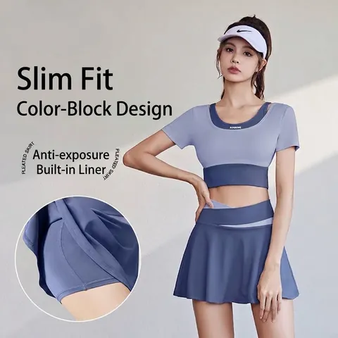 Women Yoga Set Running Top And Pleated Skirt Gym Fitness Workout Outfit Breathable Printed Sportswear