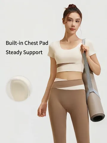 Damen Patchwork Yoga Workout Top And Bottom Nahtlos Hoch Elastisch Fitness Studio Sportbekleidung Mit Brustpolster Slim Fit