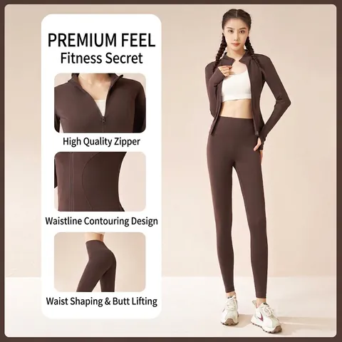 Women Thermal Fleece Lined Yoga Set Zip Up Jacket And High Waist Leggings Slim Fit Athletic Sportswear Top And Bottom