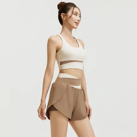 Women Color Block Yoga Set Racerback Sports Bra High Waist Shorts Top And Bottom Workout Outfit For Running Fitness