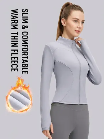 Women Slim Fit Fleece Lined Yoga Jacket Stand Collar Full Zip Long Sleeve Sports Top Thermal Running Workout Activewear