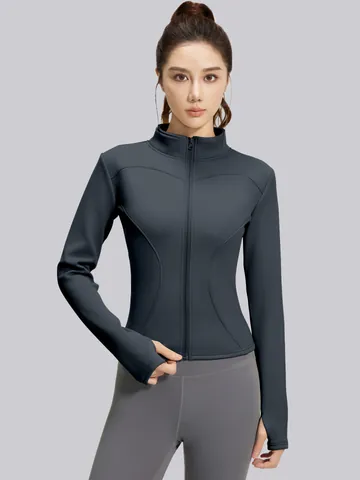 Women Slim Fit Fleece Lined Yoga Jacket Stand Collar Full Zip Long Sleeve Sports Top Thermal Running Workout Activewear